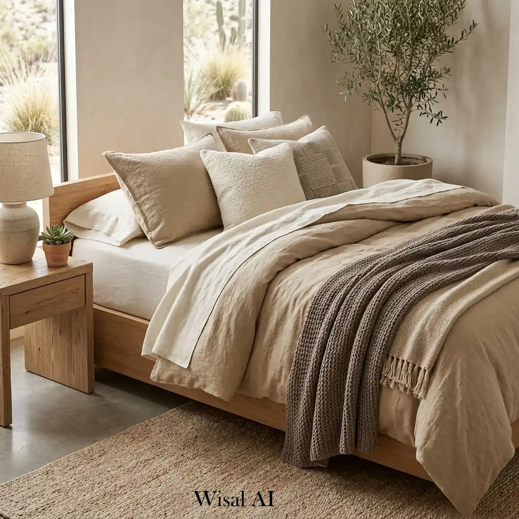 Sand colored textured bedding in modern sanctuary