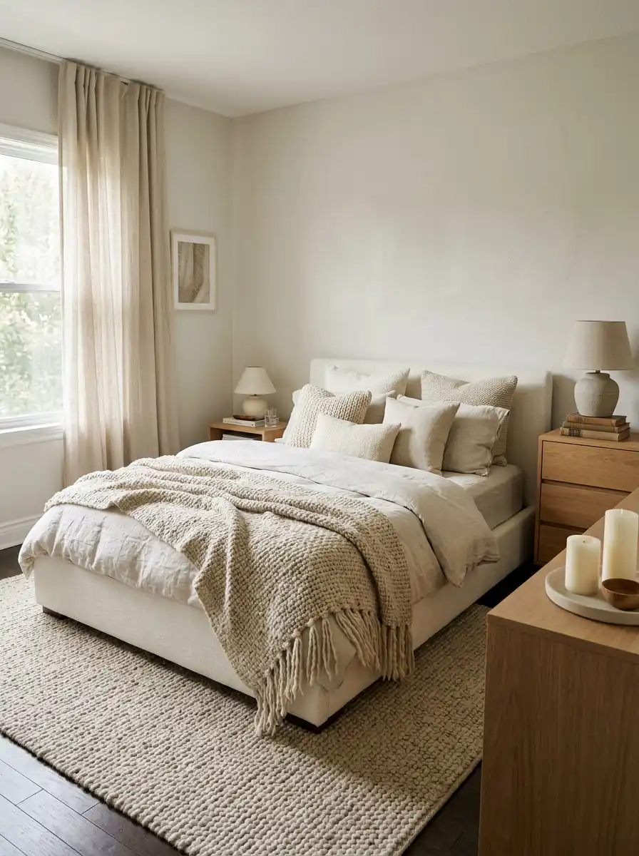 28.Serene, Layered Neutrals: Your Ultimate Cozy Bedroom Idea