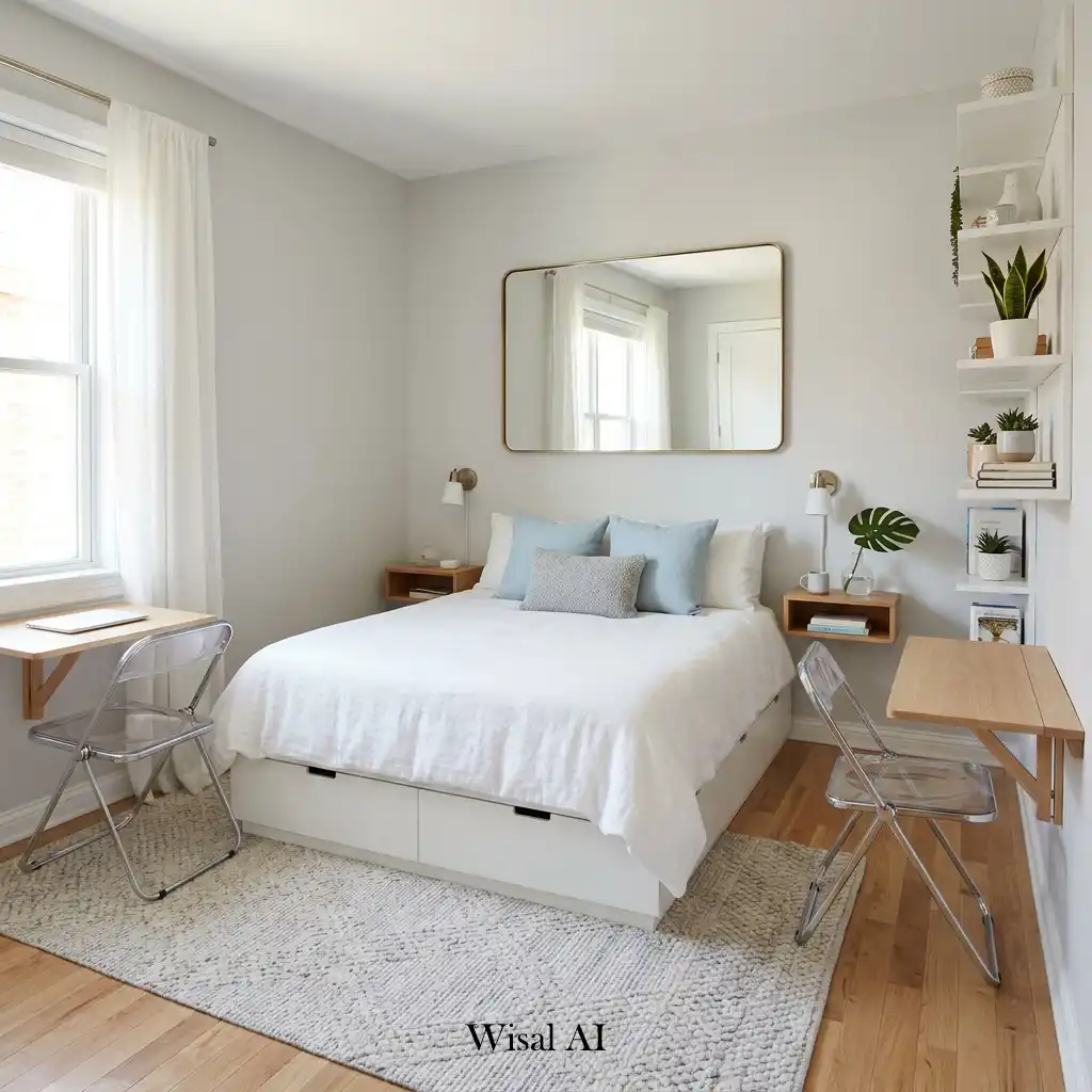Small guest bedroom with space-saving furniture and smart design.
