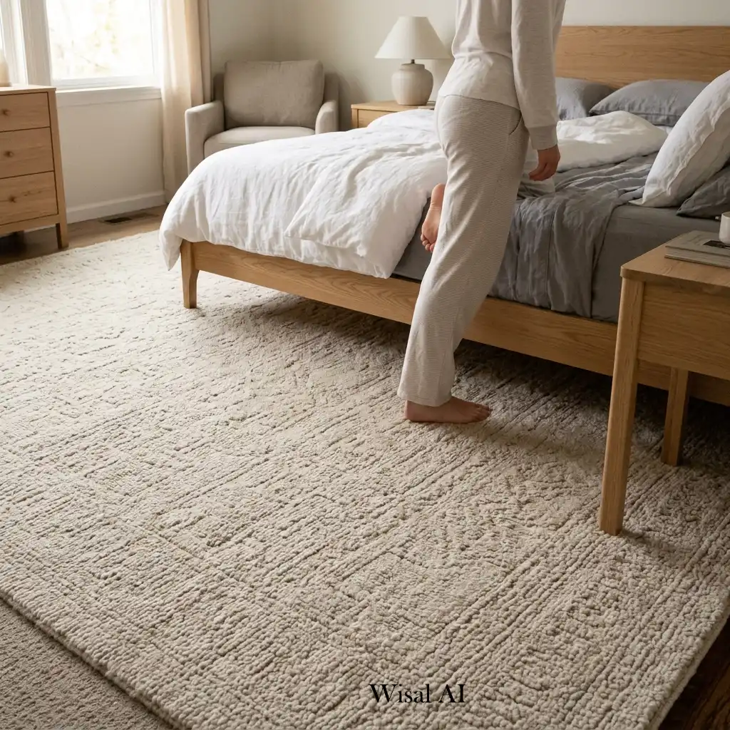 Large wool area rug extending beneath a modern platform bed.