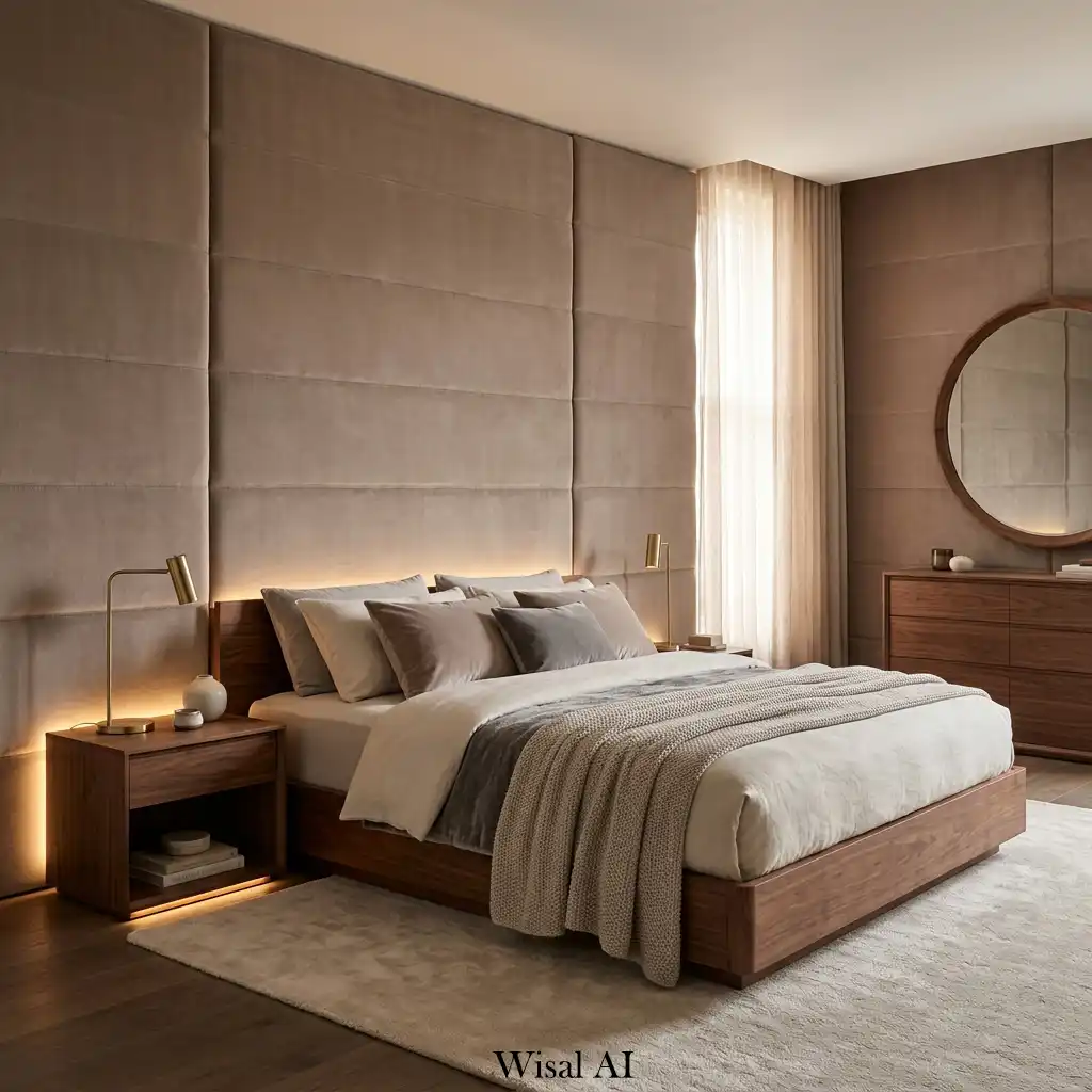 Soft taupe velvet wall panels and walnut furnishings in luxury bedroom