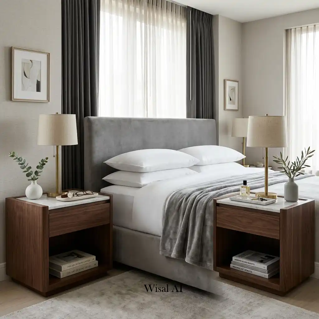 Symmetrical bedroom with matching nightstands, elegant lamps, and balanced modern styling.