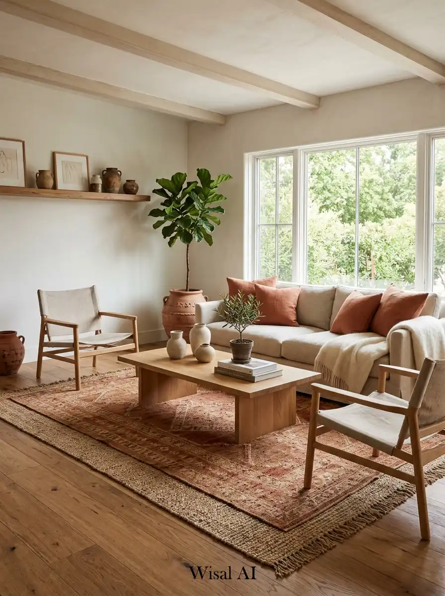 8. Terracotta and Wood Balance Living Room Concept