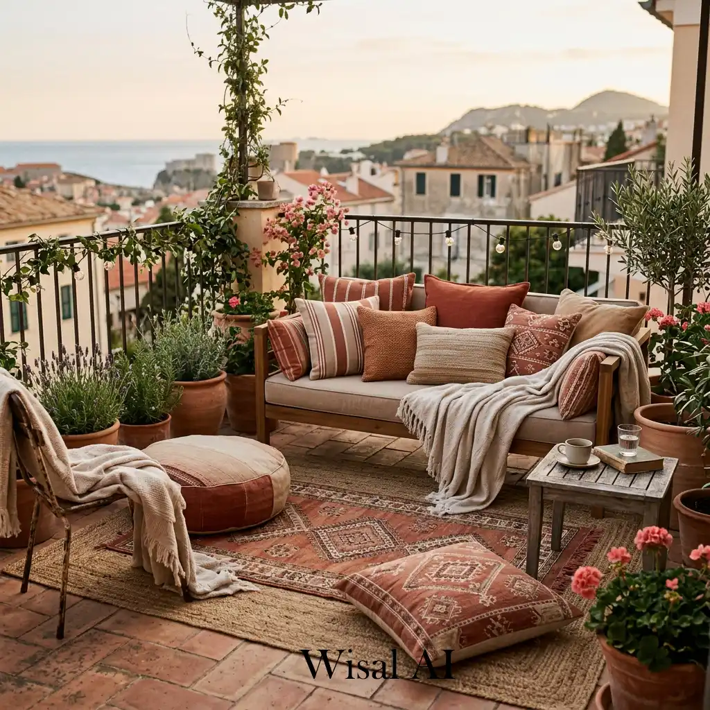 Terracotta outdoor cushions and layered textiles on cozy balcony