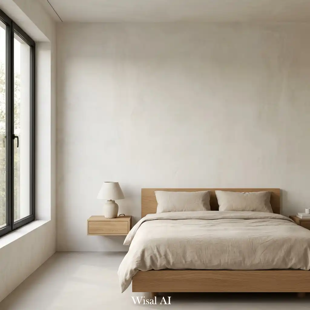 European bedroom with textured plaster walls and natural minimalist style