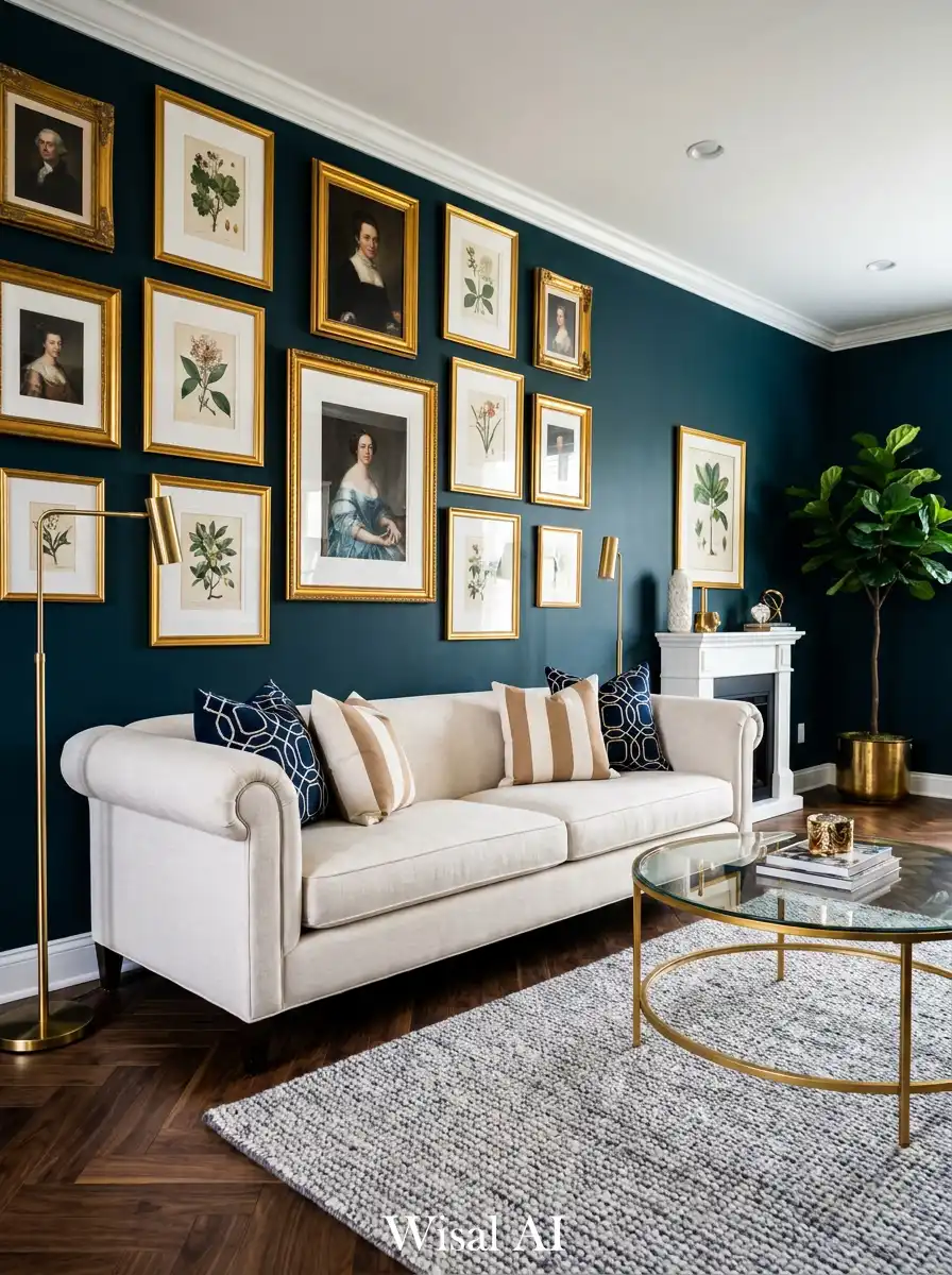 18. The Gallery Wall: Navy Blue and White Living Room