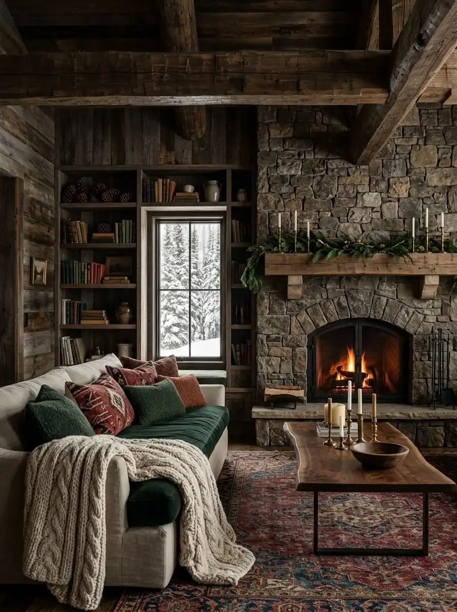 18. The Winter Lodge Sanctuary: A Log-Beam Farmhouse Living Room Idea