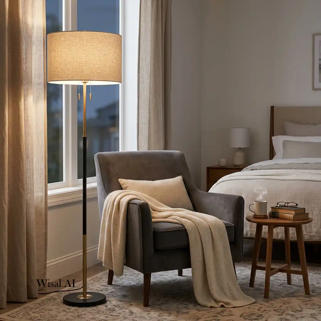 Cozy bedroom reading corner featuring a stylish floor lamp, comfortable armchair, and warm ambient lighting.