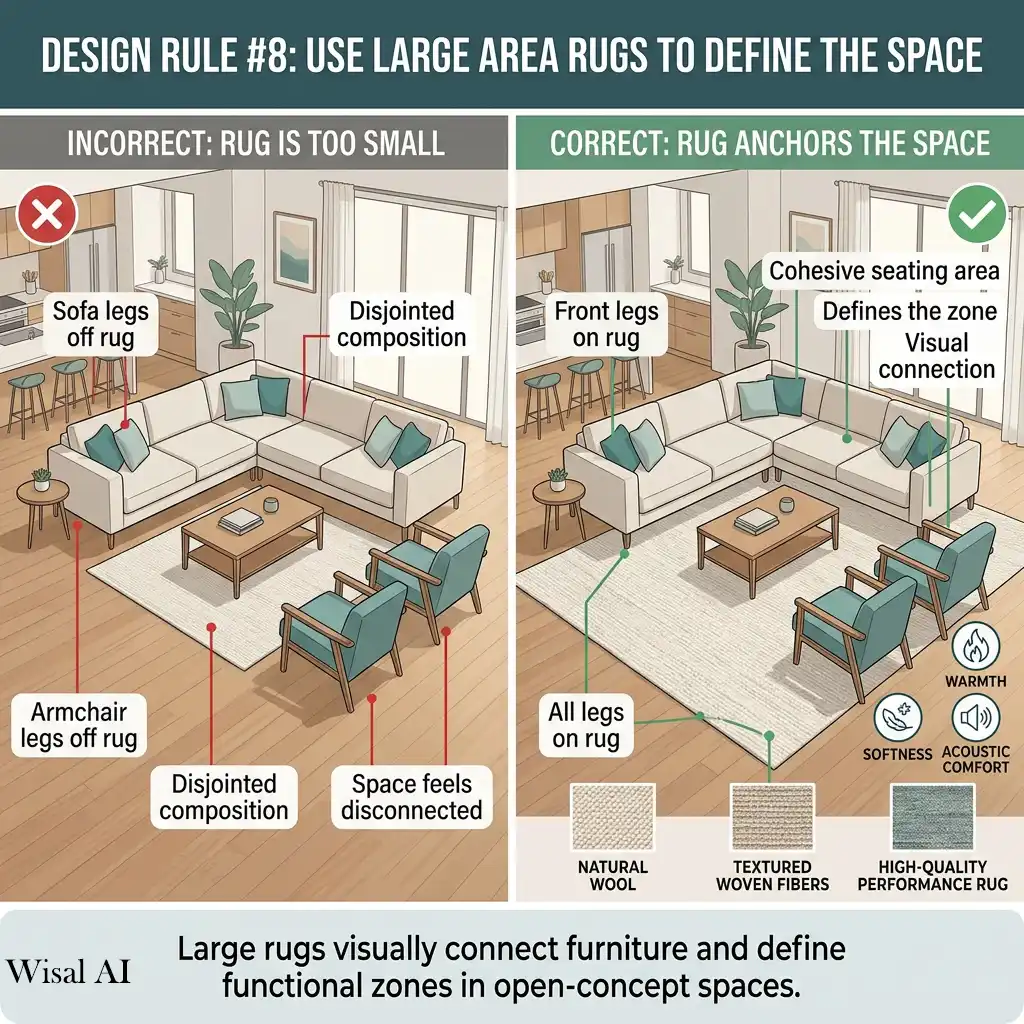 Spacious living room with a large area rug anchoring the seating.