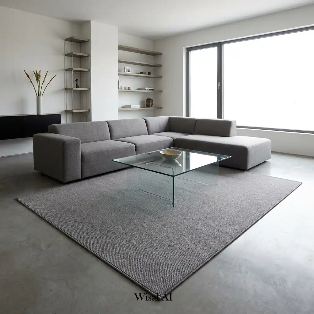 Organic-shaped area rug defining a stylish curved furniture seating arrangement.