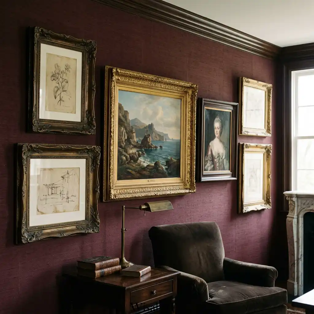 Vintage oil paintings in elegant old money bedroom