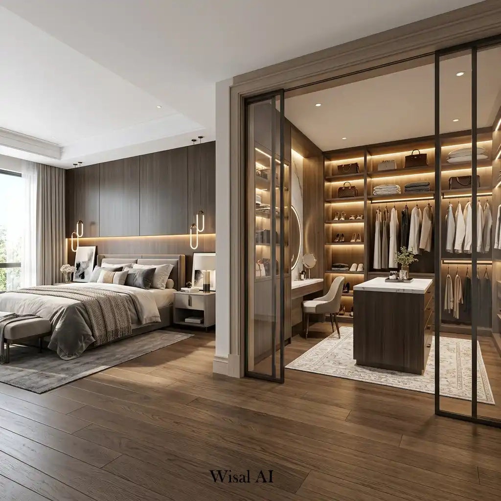 Contemporary bedroom connected to a luxury walk-in closet with custom storage
