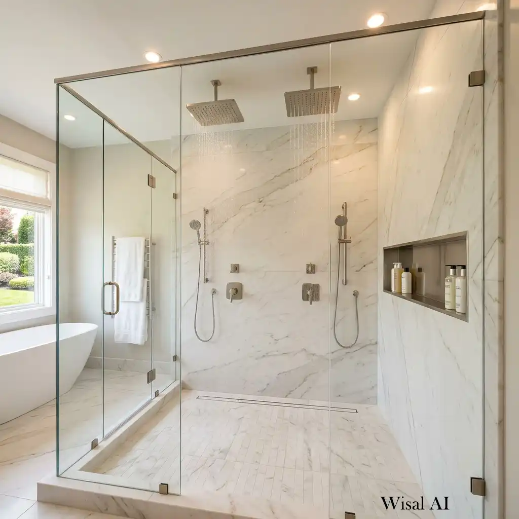 Spacious walk-in shower with dual rainfall showerheads and a frameless glass enclosure.