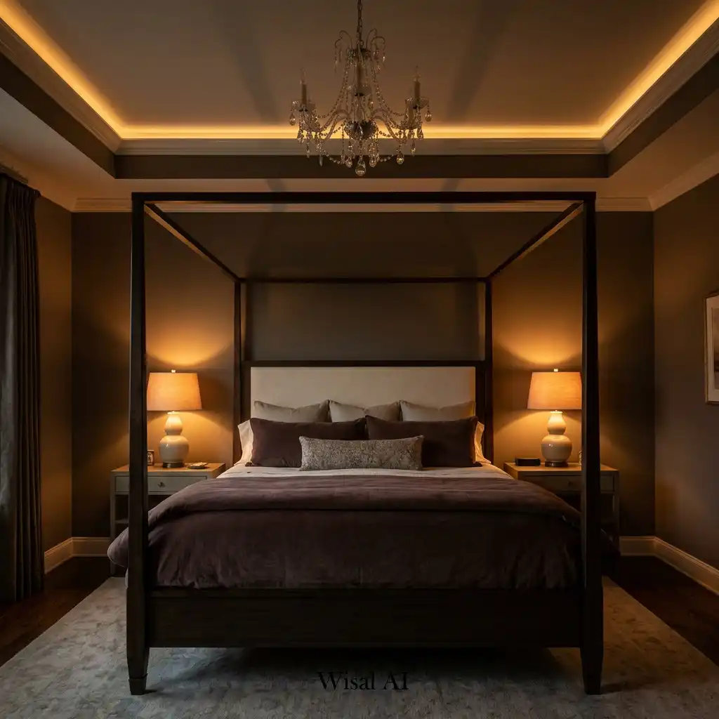 Cozy luxury bedroom with layered warm lighting and ambient glow