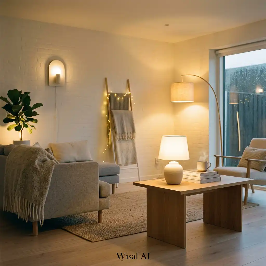 Scandinavian home with warm ambient lighting and soft evening atmosphere