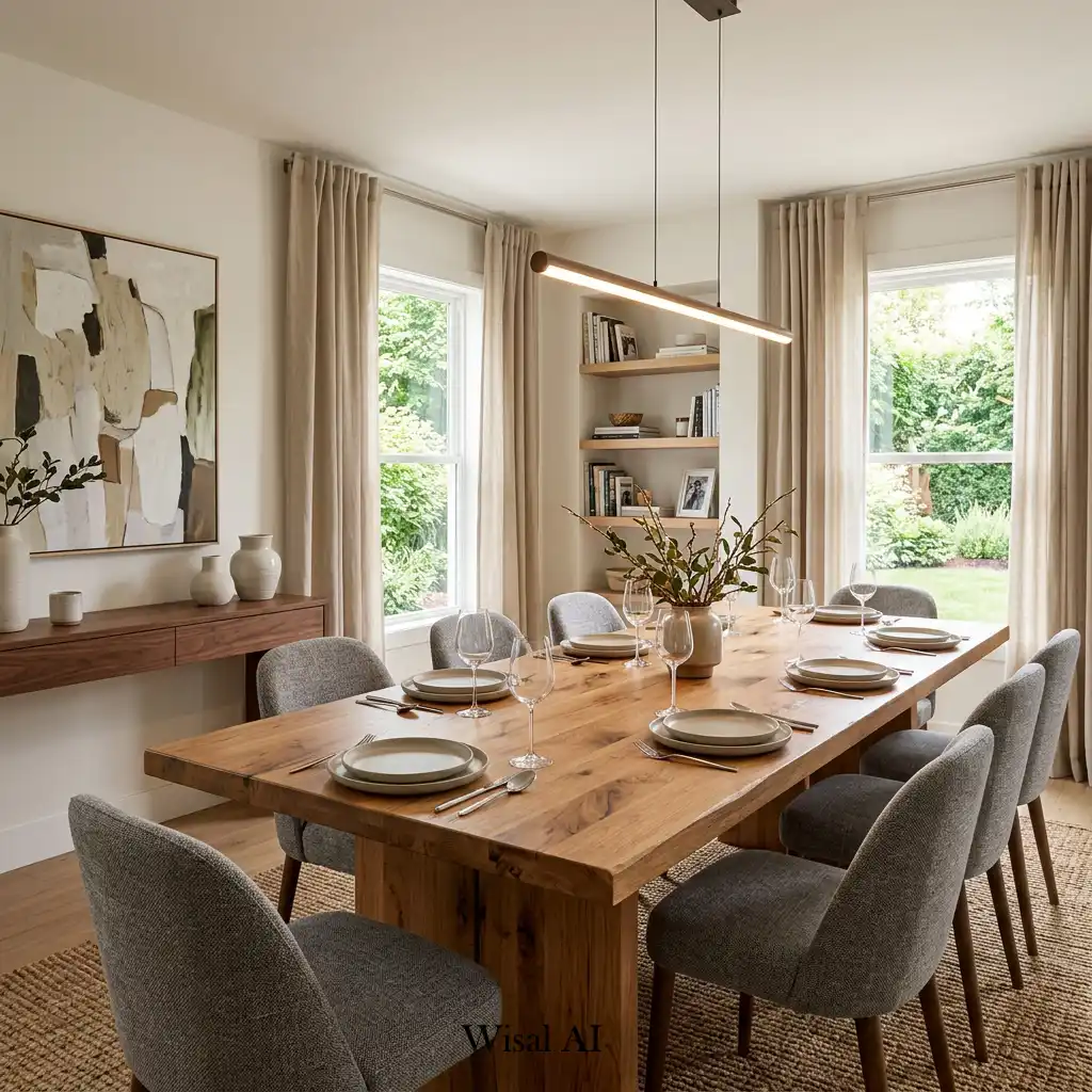 Modern dining room with warm wood furniture and natural textures
