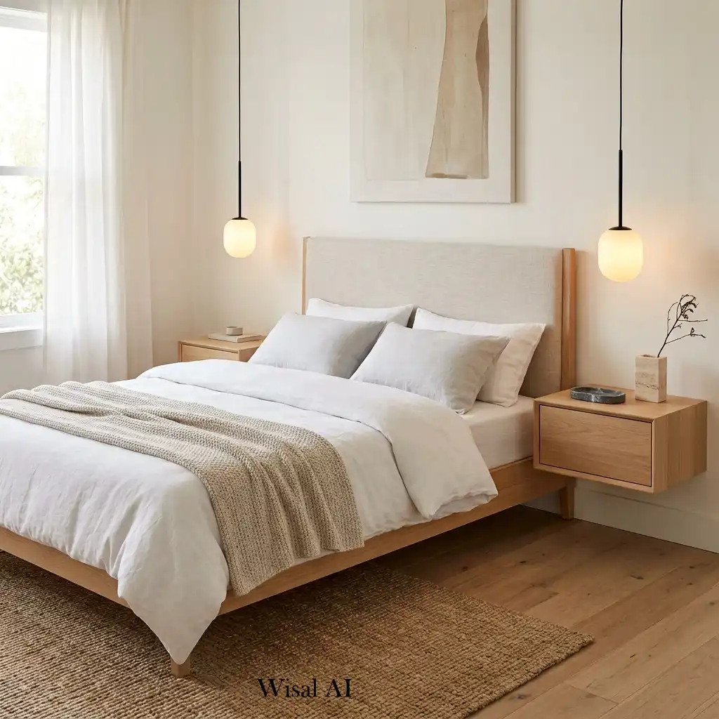 Contemporary white oak bedroom featuring floating nightstands and pendant lights.