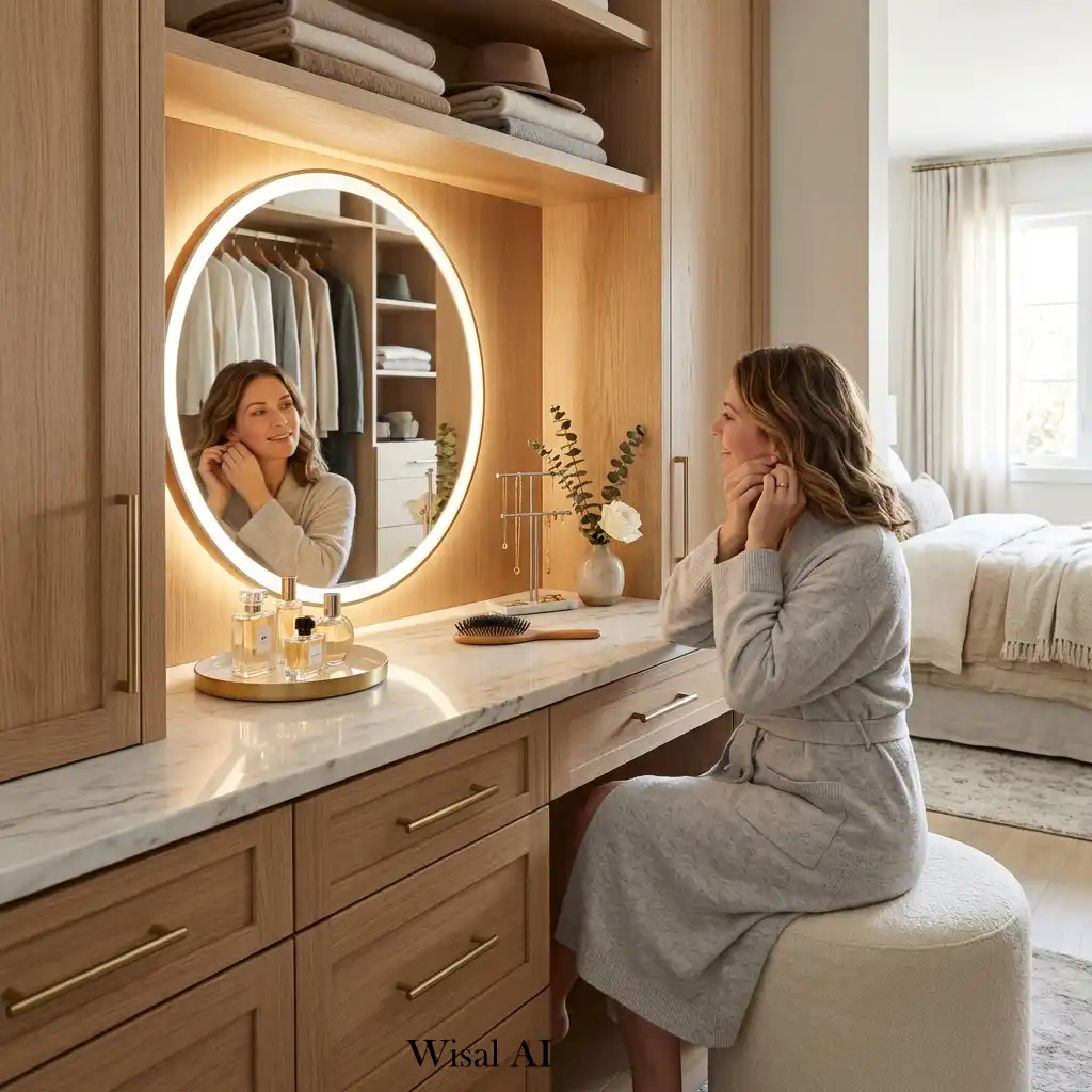 Custom bedroom dressing area with a vanity, illuminated mirror, and built-in storage.