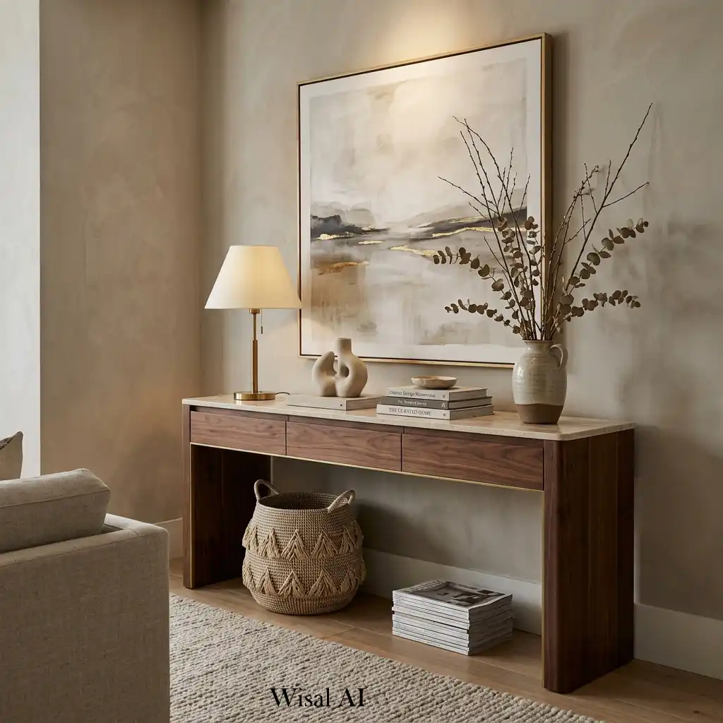 Solid wood console table styled with artwork, ceramics, and table lamps.