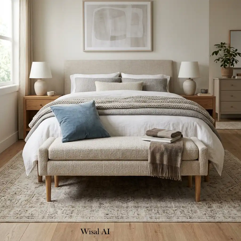 Elegant bedroom featuring an upholstered bench adding comfort and sophisticated finishing touches.