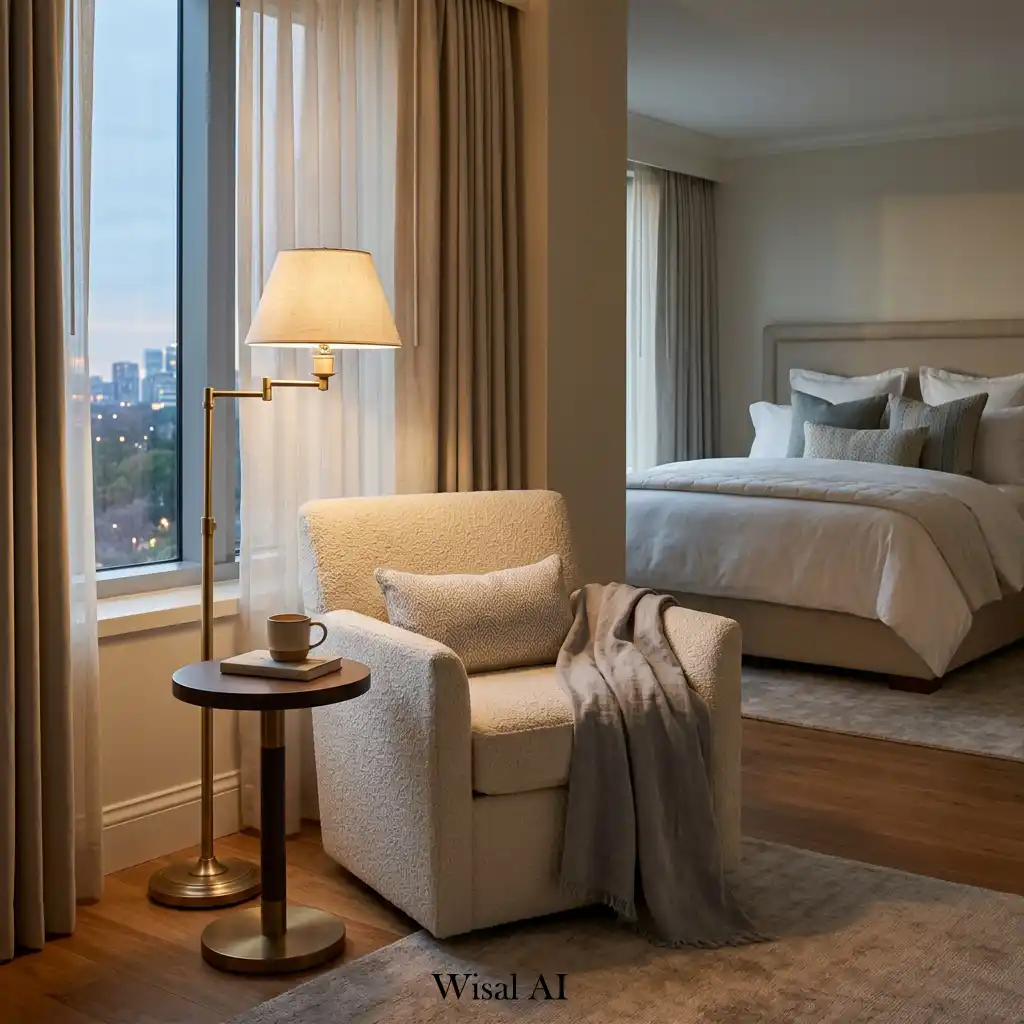 Cozy bedroom seating area beside a large window.