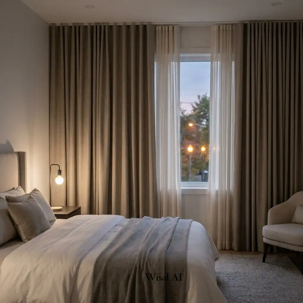 Elegant bedroom featuring stylish blackout curtains for improved sleep, privacy, and light control.