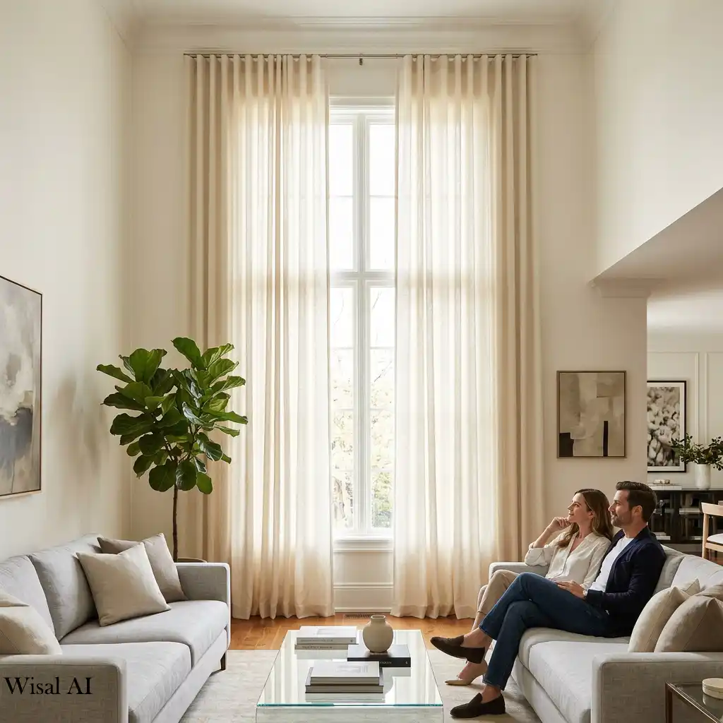 Modern living room with floor-to-ceiling linen curtains and natural light.