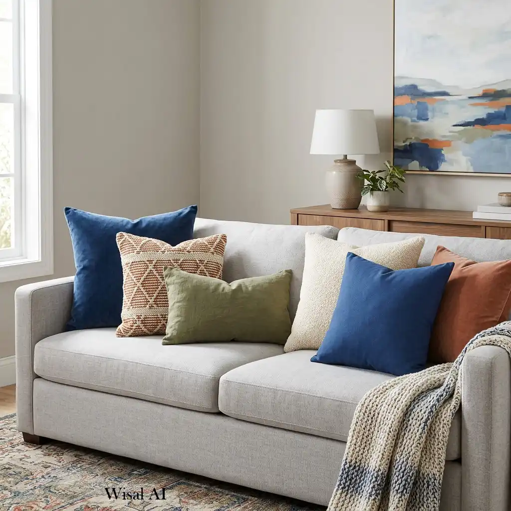 Cozy living room styled with layered decorative pillows in soft designer fabrics.