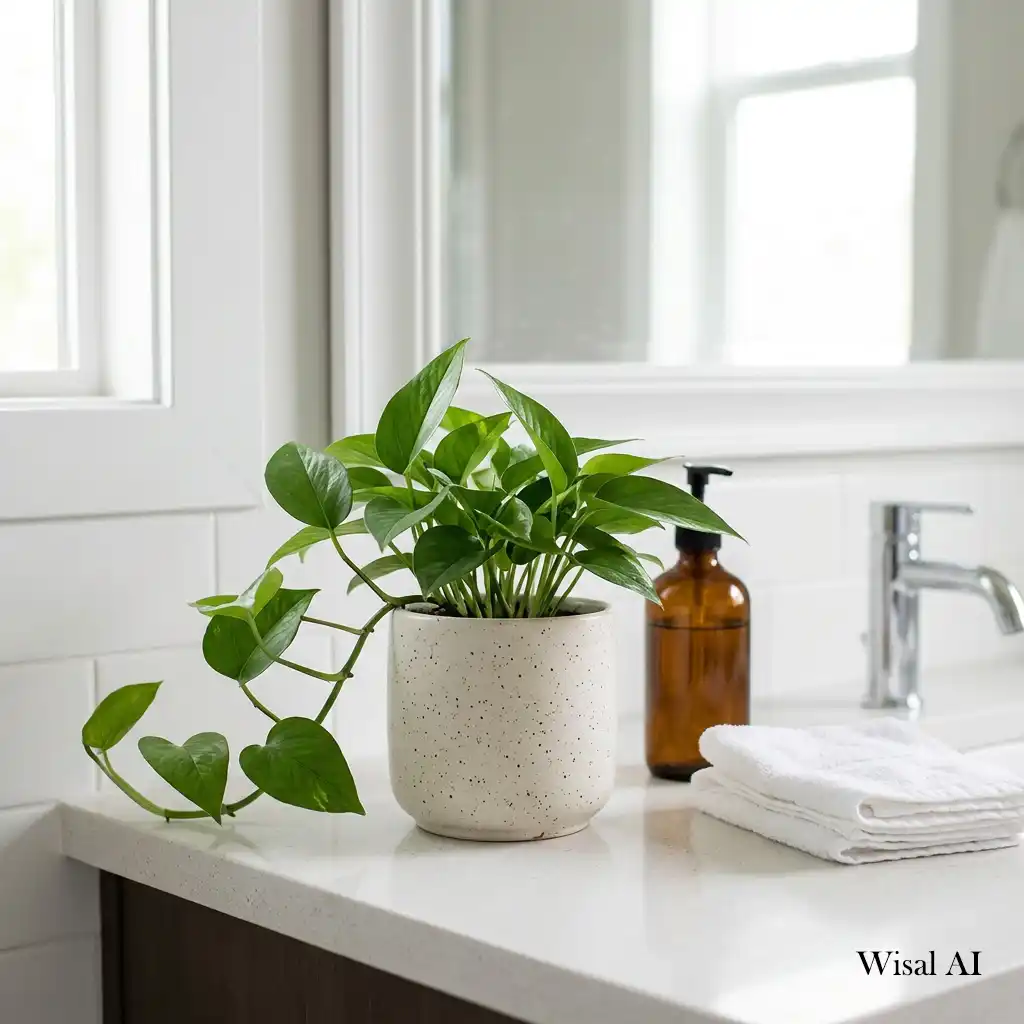 Modern bathroom countertop decorated with a small green plant in a ceramic pot.