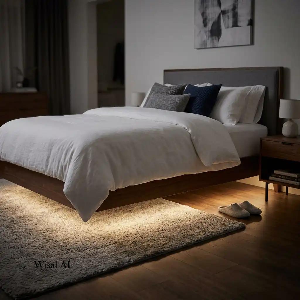 Modern bedroom with under-bed LED strip lighting creating a floating effect and soft nighttime illumination.