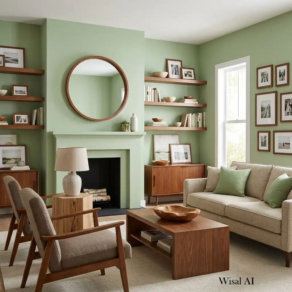 Warm oak wood details complementing pistachio green furniture.