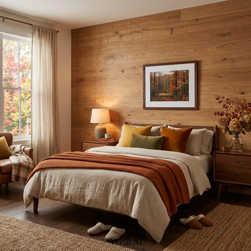 Bedroom with natural wood wall paneling and earthy autumn atmosphere.