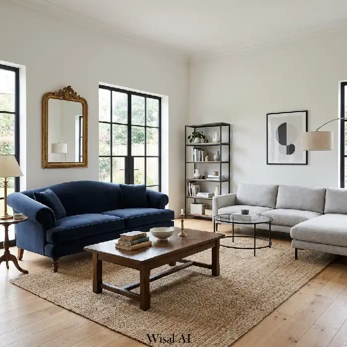 Living room with mixed furniture styles unified by neutral beige and gray tones