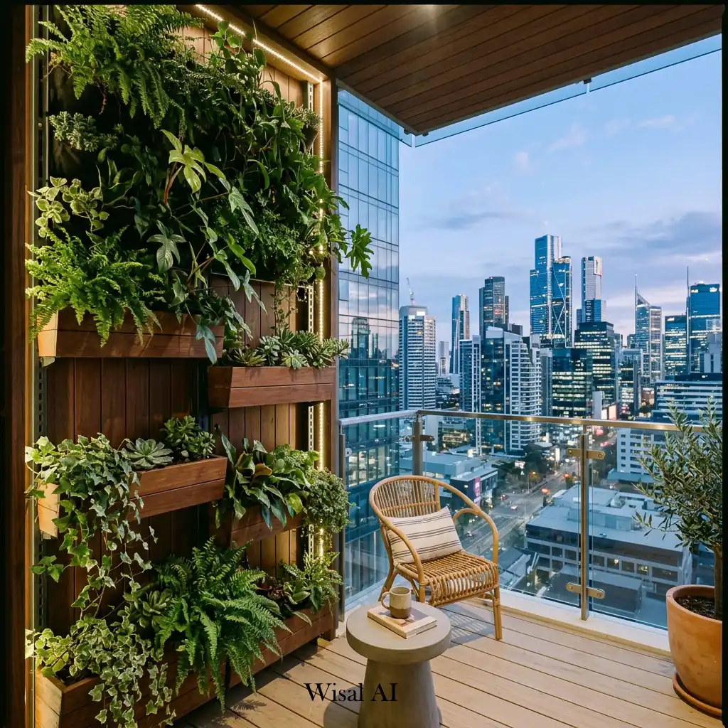 Modern balcony with a lush vertical garden and beautiful city views