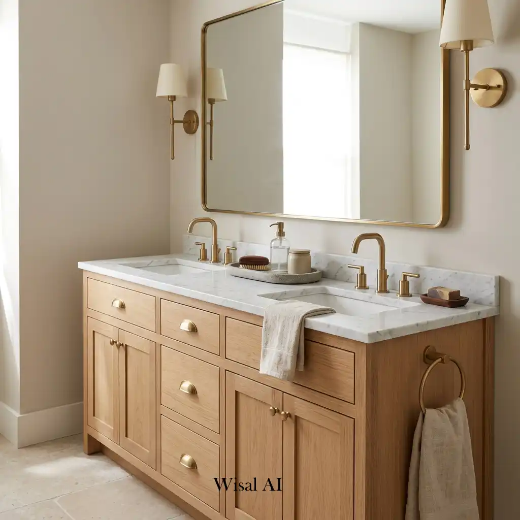 Contemporary bathroom vanity with brushed brass fixtures and a marble-look quartz countertop.