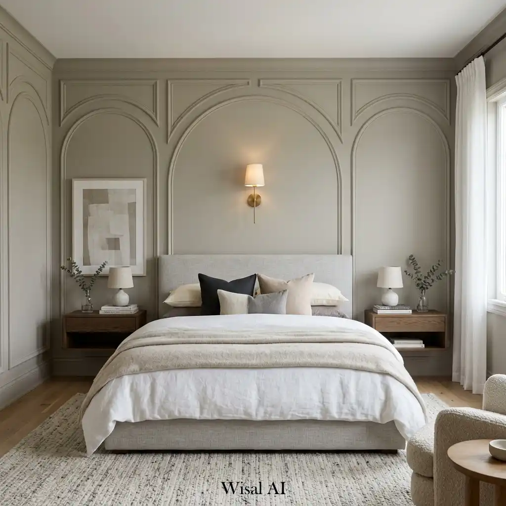 Bedroom featuring elegant arched wall paneling behind the bed.