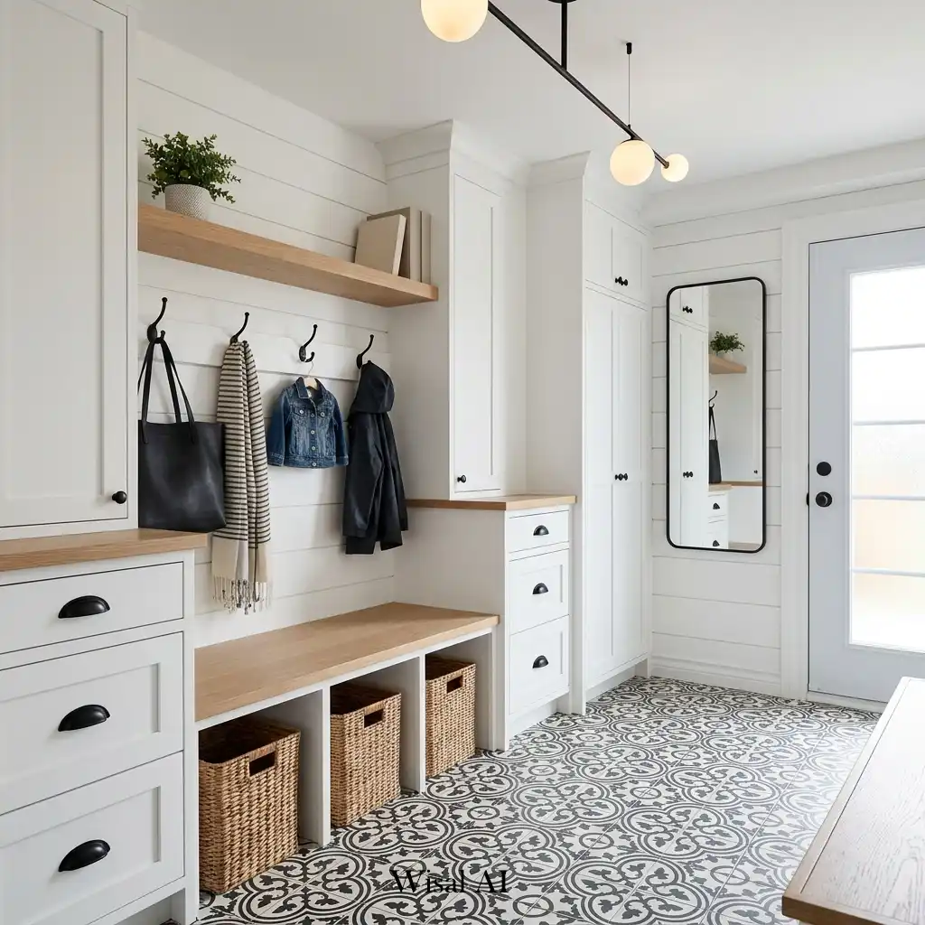 Black and white mudroom with contrasting cabinetry and contemporary design details