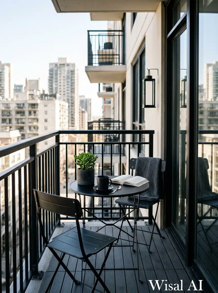 Minimal black urban balcony designed as a small coffee corner with compact table and simple seating.