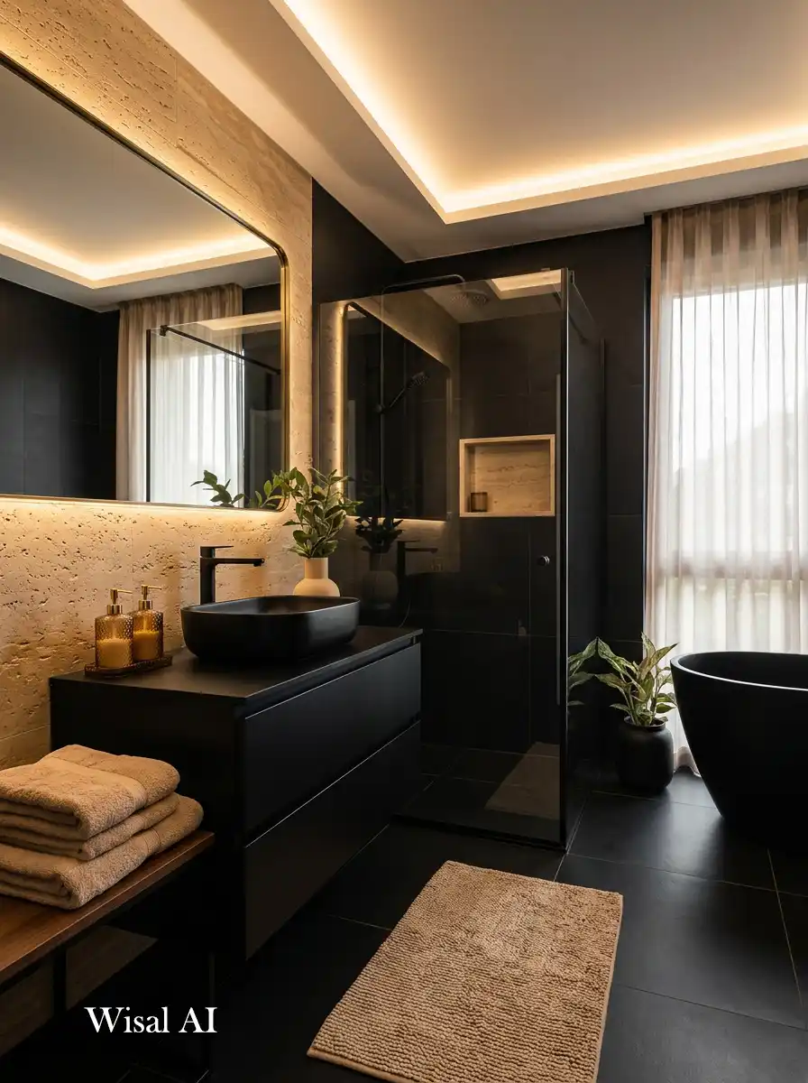 Elegant black bathroom softened with beige tones and warm neutral interior balance.