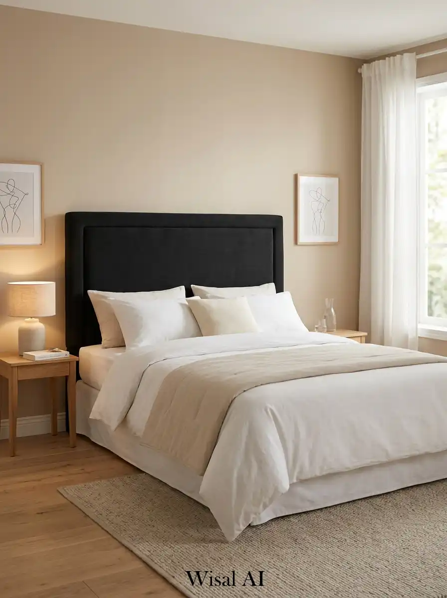 Neutral bedroom with black headboard against beige background creating elegant focal contrast.