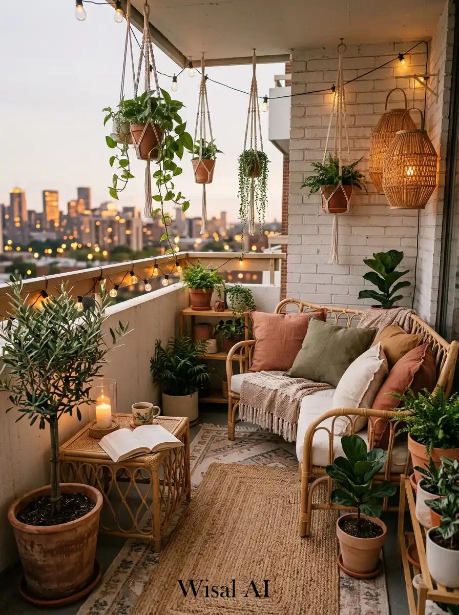 Boho-style balcony with woven textures, layered rugs, earthy tones, and relaxed decor.
