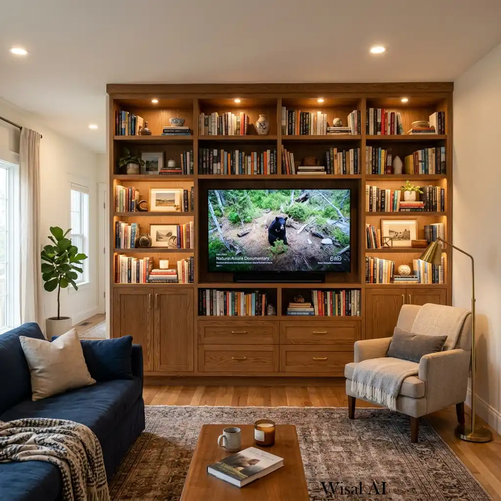 Full-height built-in TV wall surrounded by floor-to-ceiling bookshelves.