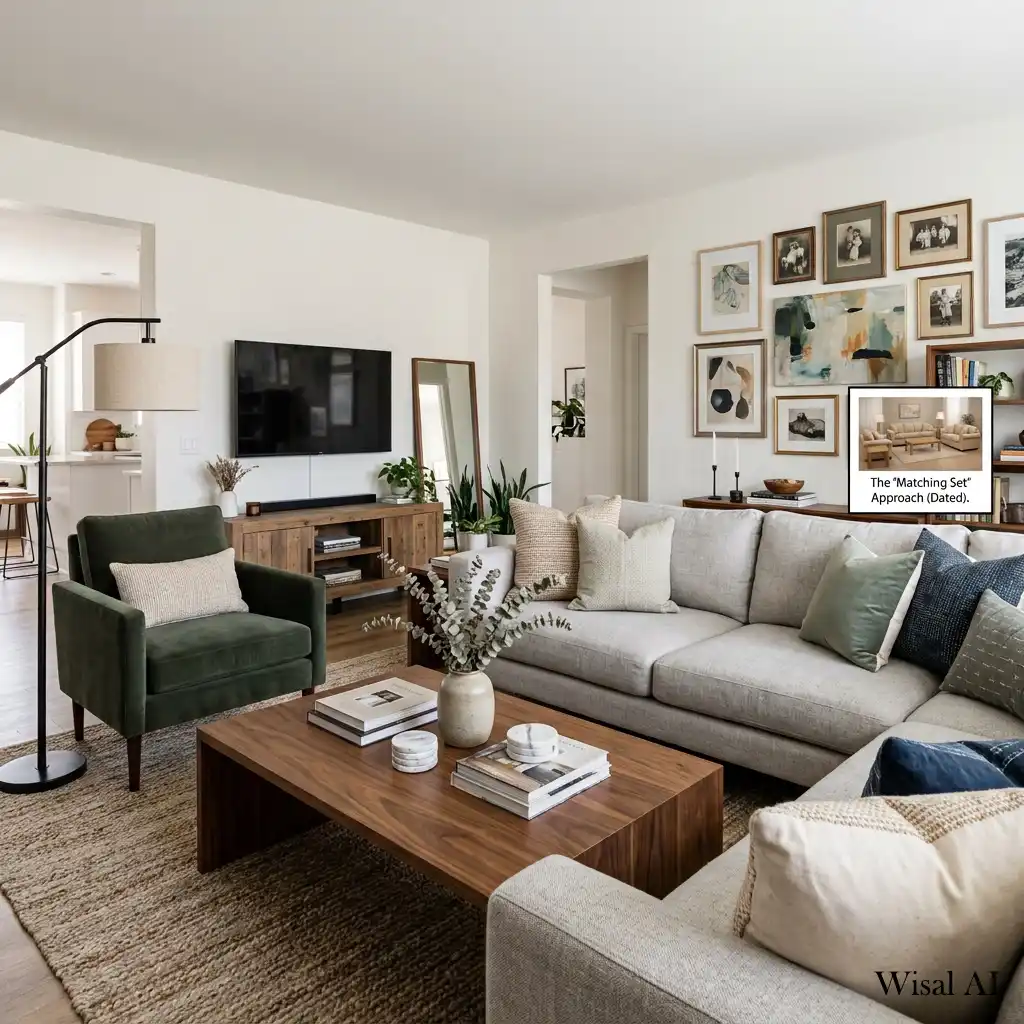 Living room decorated with an outdated matching furniture set lacking personality.