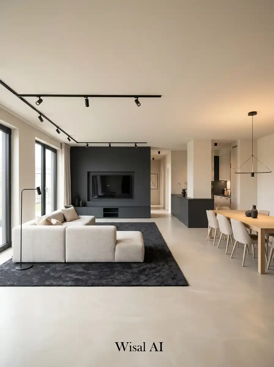Spacious living room with beige sectional sofa charcoal rug and balanced modern luxury interior layout.