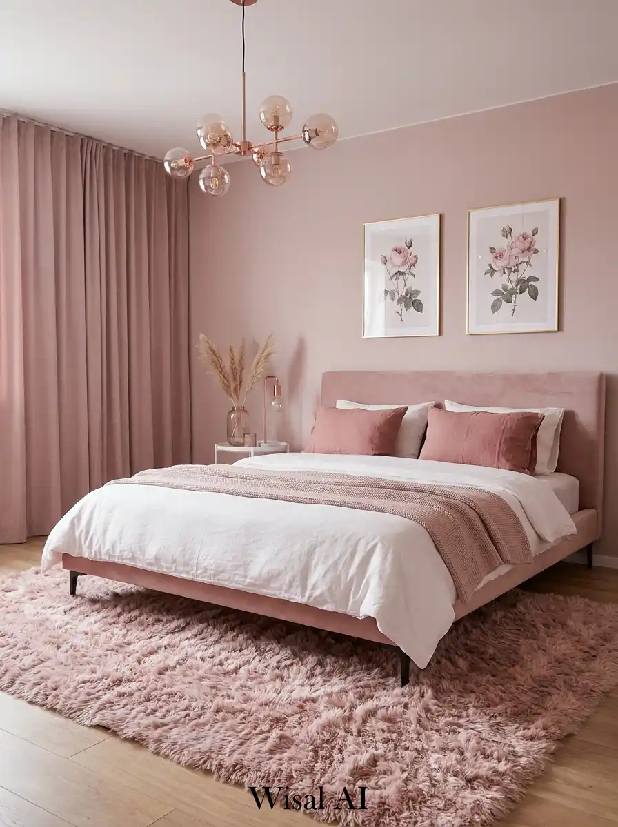 9. Chic Feminine Fluff & Dusty Pink Bedroom Idea