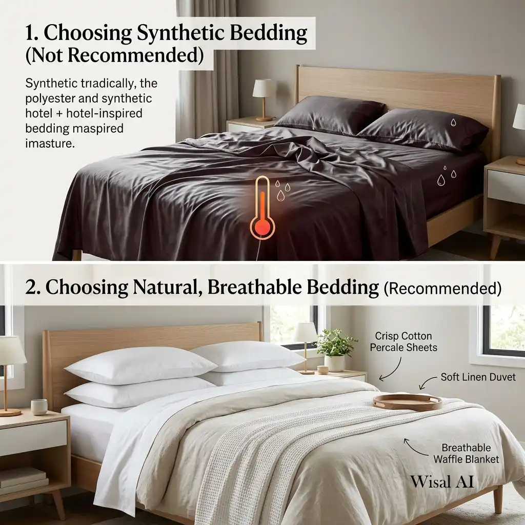 Luxury bed with linen sheets and natural cotton bedding.