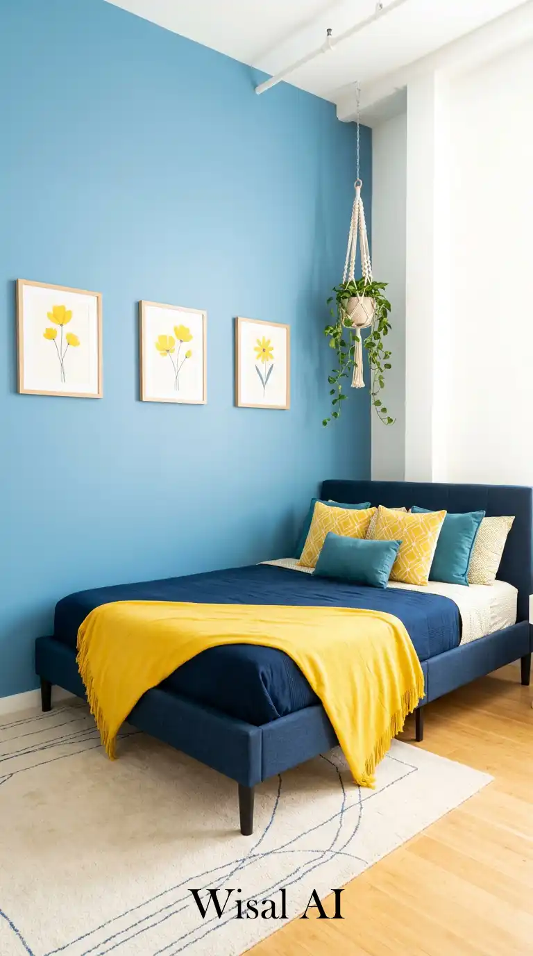 9. Contemporary Azure Loft: A Minimalist Blue and Yellow Bedroom Idea