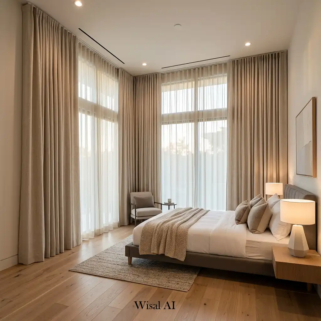 Sophisticated bedroom featuring floor-to-ceiling curtains and soft luxury textures