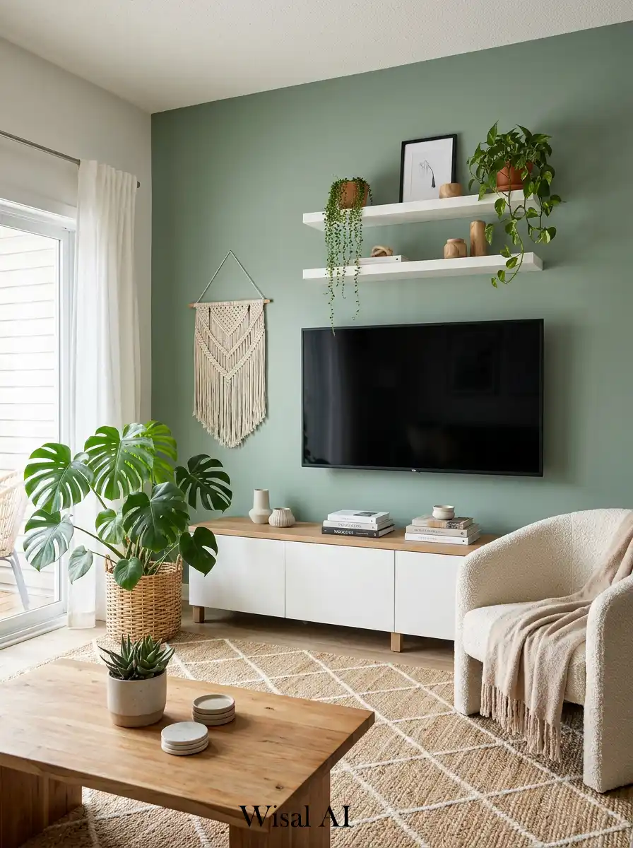 9. Cozy Sage Boho Living Room: Contemporary Media Lounge