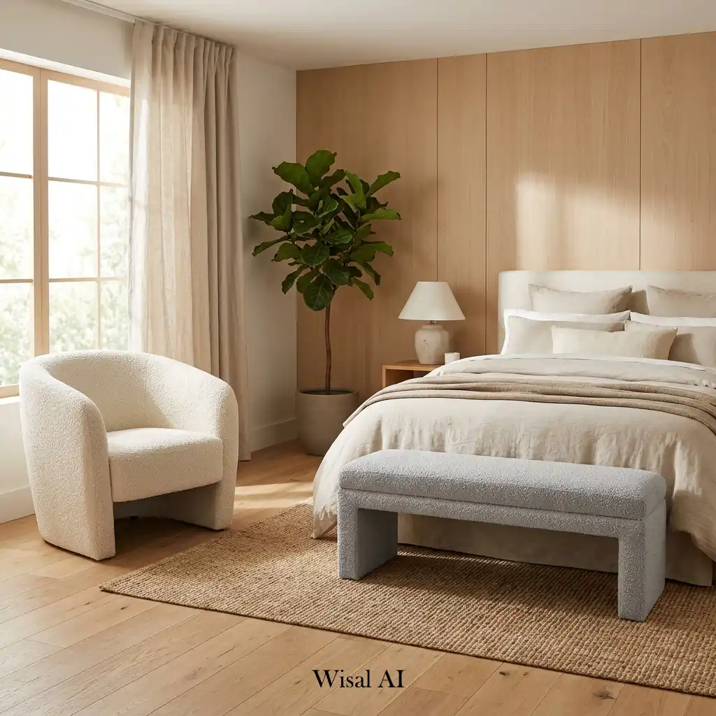 Modern cozy bedroom featuring a bouclé accent chair and soft textures.
